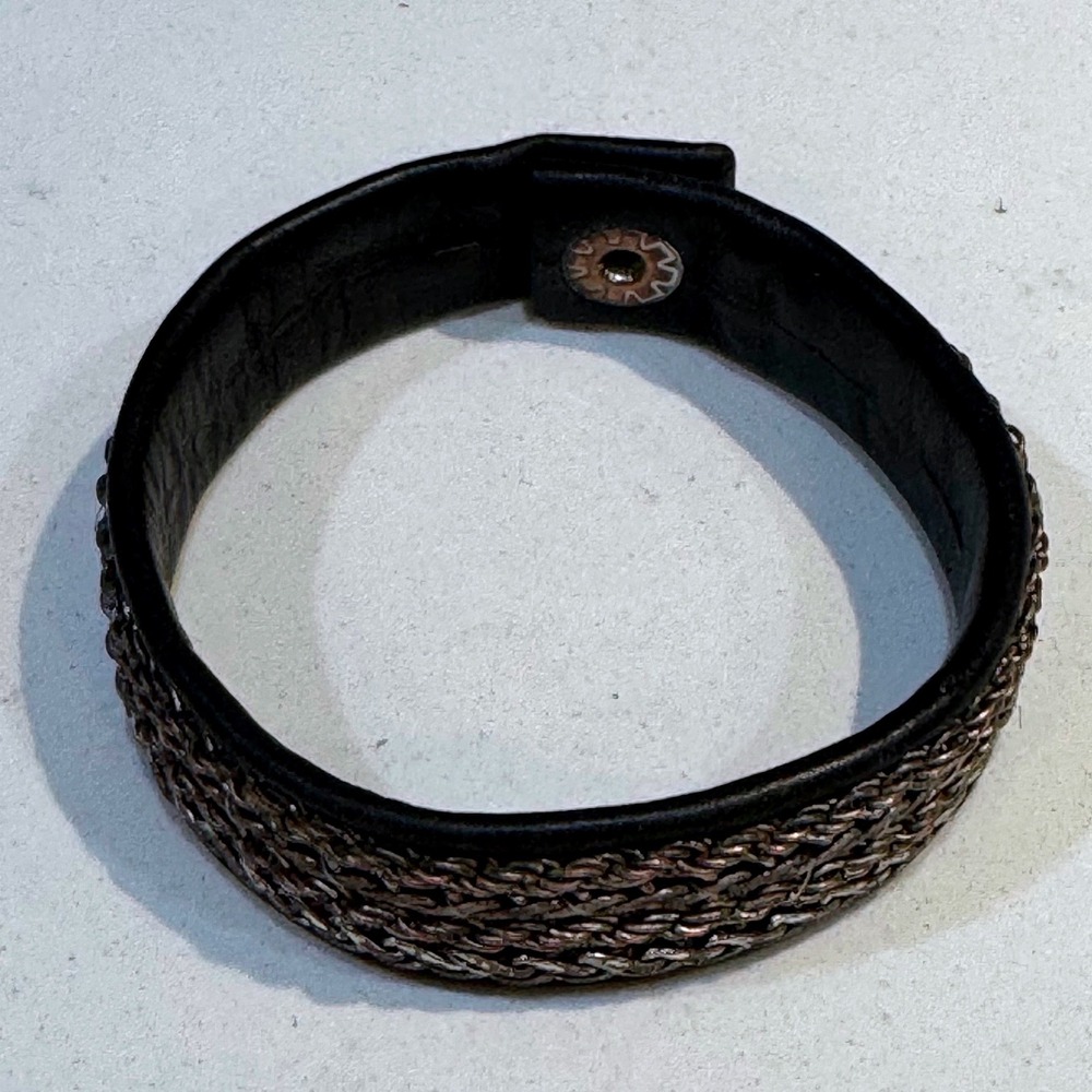 Braided Metal Chain Black Leather Cuff Bracelet‎ Copper Edgy Punk Rock  Gothcore